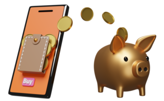 orange mobile phone or smartphone with pile of stacked coin, piggy bank, wallet isolated. online shopping or saving money concept, 3d illustration or 3d render png