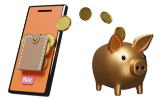 téléphone mobile orange ou smartphone avec pile de pièces de monnaie empilée, tirelire, portefeuille isolé. achats en ligne ou concept d'économie d'argent, illustration 3d ou rendu 3d png