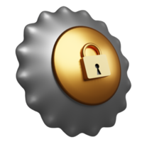 3d silver color round shield with golden lock isolated. Internet security or privacy protection or ransomware protect concept, 3d render illustration png