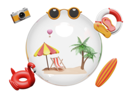 voyage d'été avec île, parapluie, cocotier, flamant gonflable en boule de verre isolé. concept illustration 3d ou rendu 3d png