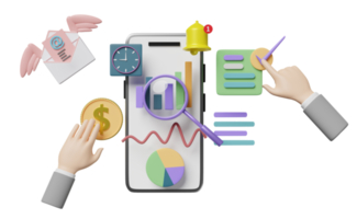 grafieken en diagram met zakenman hand, controleren, analyse bedrijf financieel gegevens, klok, vergroten geïsoleerd. online afzet bedrijf strategie concept, 3d illustratie of 3d geven png