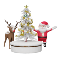 santa claus med jul träd, ren, cylinder skede podium, Plats isolerat. hemsida, affisch eller lycka kort, festlig ny år begrepp, 3d illustration eller 3d framställa png