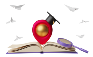 pin rojo con libro abierto y sombrero de graduación, lupa, avión de papel aislado. lograr objetivos y concepto de éxito, ilustración 3d o representación 3d png