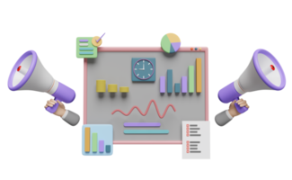 gráficos y gráficos con mano de hombre de negocios, análisis de datos financieros de negocios, reloj, megáfono o altavoz de mano aislado. concepto de estrategia empresarial de marketing en línea, ilustración 3d, presentación 3d png