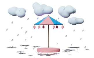 bühnenpodium leer mit regenschirm, wolke, tropfenregenwasser, benachrichtigungsglocke isoliert. schutz- und sicherheitskonzept, 3d-illustration oder 3d-rendering png