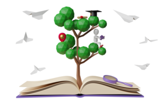 open book with red pin, tree, graduation hat, magnifying glass, paper plane, diploma rolled, stick man isolated. achieve goals and success concept , 3d illustration or 3d render png