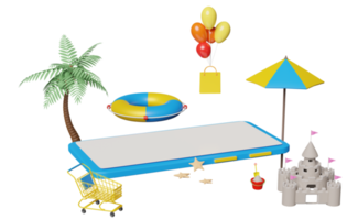 3d mobile phone, smartphone with umbrella, balloon, cart, palm, shopping paper bags, lifebuoy, flags, sand castle isolated. online shopping summer sale concept, 3d render illustration png