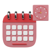 reloj de personaje de dibujos animados con calendario rojo aislado. concepto de ilustración 3d o renderizado 3d png