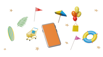Teléfono móvil 3d, teléfono inteligente con paraguas, globo, estrella de mar, carro, palma, bolsas de papel de compras, aro salvavidas, banderas aisladas. concepto de venta de verano de compras en línea, ilustración de renderizado 3d png