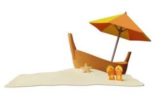 voyage d'été avec bateau ou bateau, sandales, étoile de mer, nuage, parapluie, île, vagues de la mer isolées. concept illustration 3d ou rendu 3d png