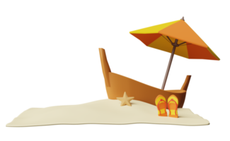 sommar resa med fartyg eller båt, sandaler, sjöstjärna, moln, paraply, ö, hav vågor isolerat. begrepp 3d illustration eller 3d framställa png