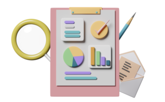 gráficos, gráfico con análisis de datos financieros comerciales, lista de verificación de portapapeles blanco, sobre abierto, lupa, lápiz aislado. concepto de estrategia empresarial, ilustración 3d o presentación 3d png