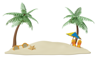 sommerreise mit strand, insel, regenschirm, kokospalme, sandalen, seestern, bokeh, sonnenbrille isoliert. konzept 3d-illustration oder 3d-rendering png