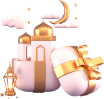 fond d'éléments de voeux ramadan kareem islamique avec croissant de lune décoratif, lanterne, boîte-cadeau, nuage, mosquée et étoiles. cadeaux pour les vacances. png
