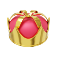 Royal crown gold metal with red cap, symbol of power, top view. PNG icon on transparent background.