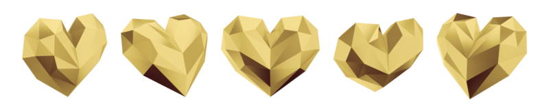 conjunto de corazones dorados de baja poli. vistas desde diferentes lados. representación 3d símbolo de amor, gustos, romance. icono png sobre fondo transparente.