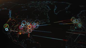 World map with different targets for cyber attack. Hacking and technology concept. Macro shooting at monitor pixels video