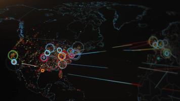 mondo carta geografica con diverso obiettivi per informatica attacco. pirateria e tecnologia concetto. macro tiro a tenere sotto controllo pixel video