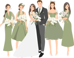 beautiful bride and groom wedding couple with bridesmaid in green theme gown cartoon flat sytle png