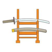 Katana on a wooden stand icon, cartoon style vector