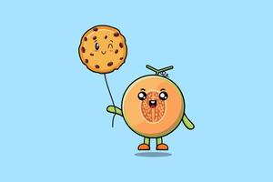 melón de dibujos animados lindo flotando con globo de galletas vector