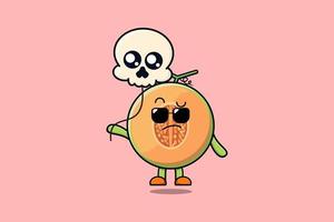 lindo melón de dibujos animados flotando con globo de calavera vector