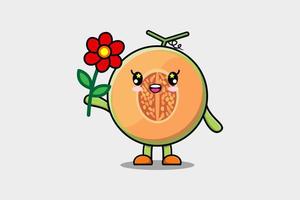 lindo personaje de dibujos animados de melón con flor roja vector