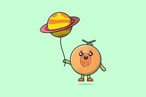 lindo melón de dibujos animados flotando con globo planeta vector