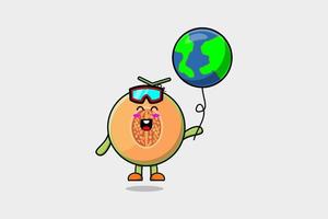 lindo melón de dibujos animados flotando con globo terrestre vector