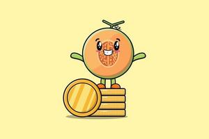 lindo melón de dibujos animados de pie en una moneda de oro apilada vector