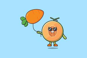 lindo melón de dibujos animados flotando con globo de zanahoria vector