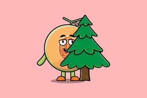 lindo personaje de dibujos animados melón escondiendo árbol en piso vector