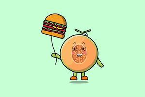 lindo melón de dibujos animados flotando con globo de hamburguesa vector