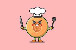 chef de melón de dibujos animados lindo con cuchillo y tenedor vector
