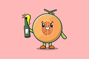 lindo personaje de dibujos animados melón con botella de refresco vector