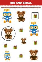 Education game for children arrange by size big or small by drawing circle and square of cute cartoon robot teddy bear and gift box printable winter worksheet vector