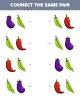 Education game for children connect the same picture of cute cartoon eggplant pea and chilli pair printable vegetable worksheet vector