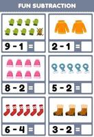 Education game for children fun subtraction by counting and eliminating cute cartoon mitten sweater beanie scarf sock boot printable winter worksheet vector