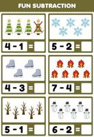 juego educativo para niños resta divertida contando y eliminando árbol de navidad de dibujos animados lindo bota de copo de nieve hoguera muñeco de nieve hoja de trabajo de invierno imprimible vector