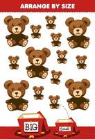 Education game for children arrange by size big or small put it in the gift box of cute cartoon teddy bear printable winter worksheet vector