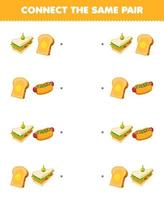 Education game for children connect the same picture of cute cartoon sandwich and toast pair printable food worksheet vector