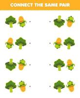 juego educativo para niños conecta la misma imagen de dibujos animados lindo brócoli y par de maíz hoja de trabajo de vegetales imprimible vector