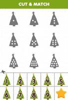 Educational game for kids count the dots on each silhouette and match them with the correct numbered christmas tree printable winter worksheet vector