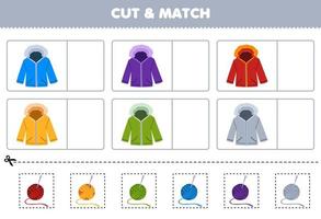 juego educativo para niños cortar y combinar el mismo color de una linda chaqueta de dibujos animados hoja de trabajo de ropa de invierno imprimible vector