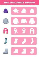 Education game for children find the correct shadow silhouette of cute cartoon hat coat scarf sock boot printable winter worksheet vector