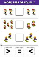 Education game for children count more less or equal of cartoon boy playing ski sled and snowboard then cut and glue the correct sign winter worksheet vector