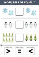 Education game for children count more less or equal of cartoon snowflake snowman and christmas tree then cut and glue the correct sign winter worksheet vector