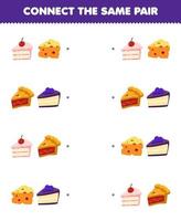 Education game for children connect the same picture of cute cartoon cake cheese and pie pair printable food worksheet vector