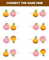 juego educativo para niños conecta la misma imagen de dibujos animados lindo naranja y melocotón hoja de trabajo imprimible de frutas vector