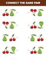 juego educativo para niños conecta la misma imagen de dibujos animados lindo cereza y hoja de trabajo de fruta imprimible par de guayaba vector